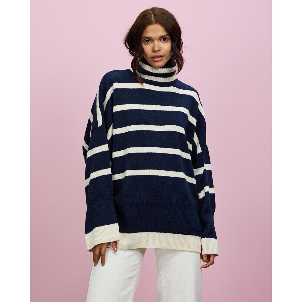 Topshop Navy & White Oversized Turtleneck Sweater Sz 8-10